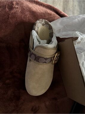 Coach Beige Suede Clog Mule with Signature Monogram Strap